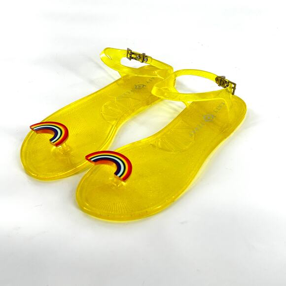 Katy Perry Jelly Rainbow Sandals 9 NWOT Yellow Flat Ankle Strap Beach Travel - Picture 2 of 8